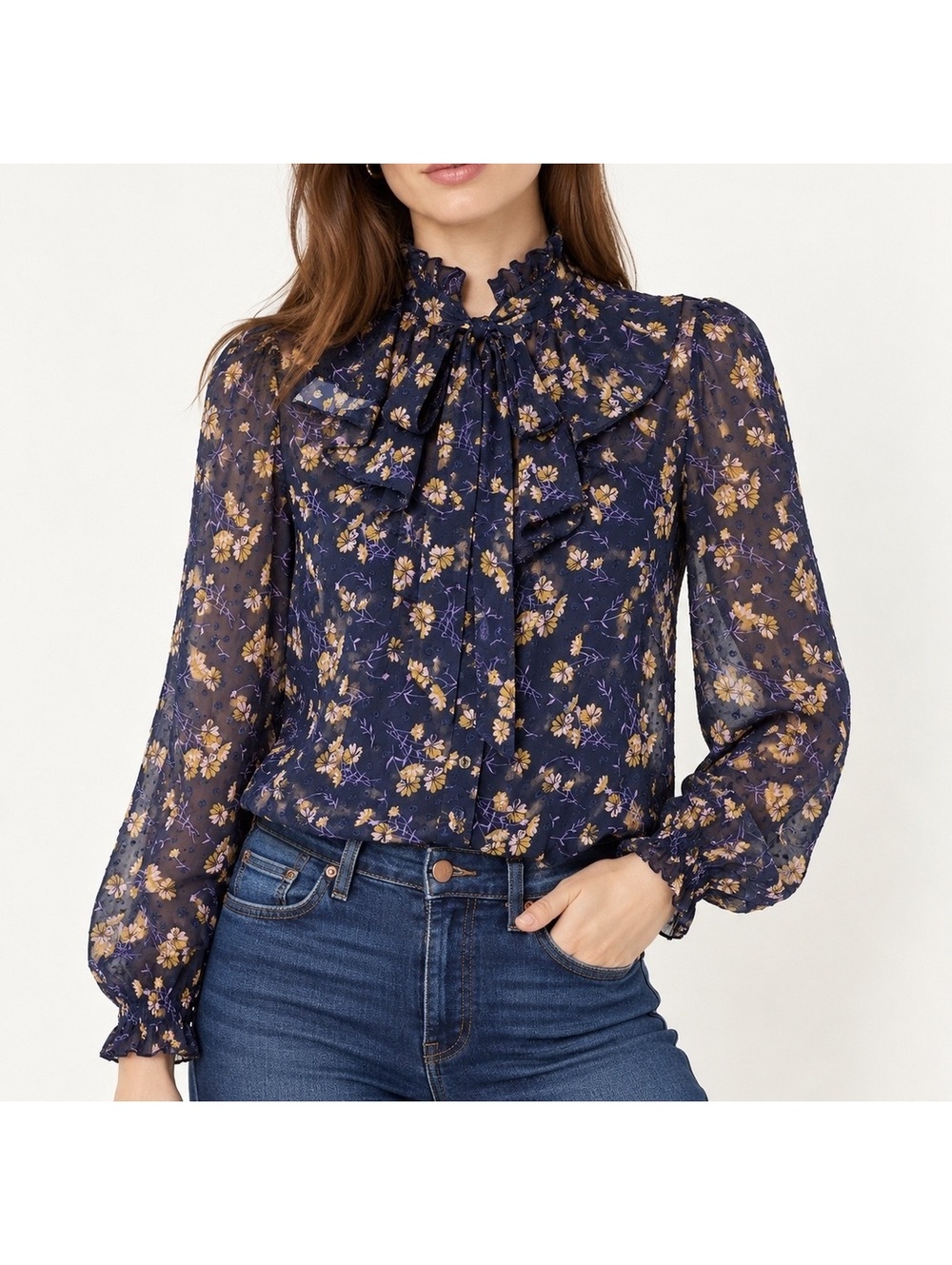Jill Jill Stuart Floral Ruffle Blouse Navy Blue Sheer Tie Neck Romantic Size 0
